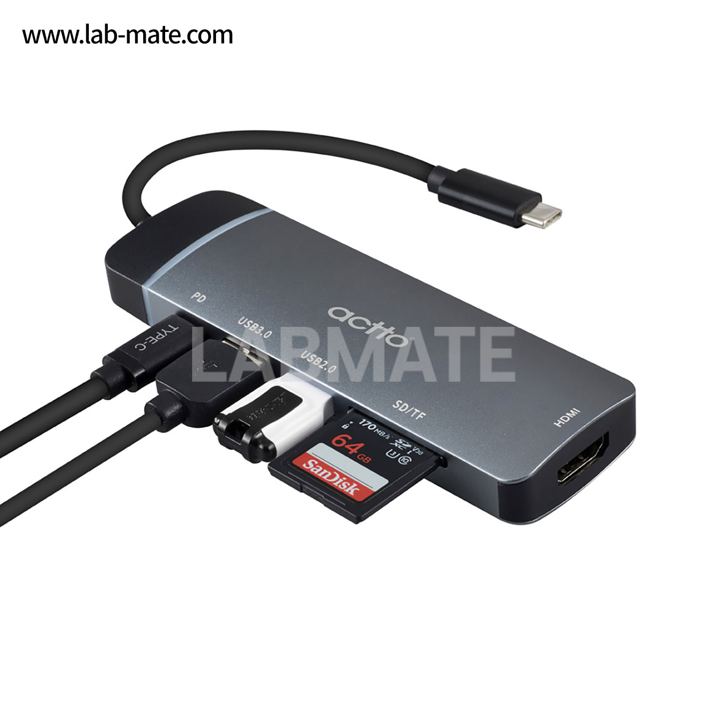 랩메이트,레인보우 타입C 멀티 허브,타입C PD + HDMI + USB3.0 + USB2.0 + TF/SD / 미러링 / 4K [그레이],ACTTO