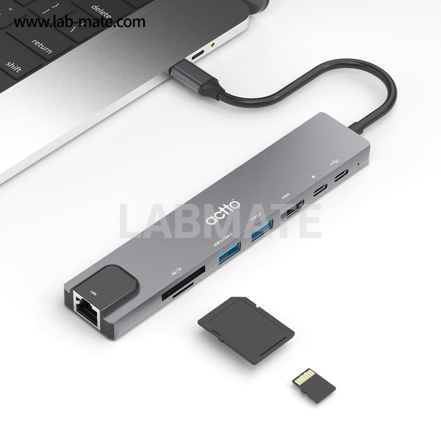 랩메이트,8 in 1 타입C 멀티 허브,PD + 타입C(data전송) + HDMI + USB3.0 + USB2.0 + TF + SD + 랜 / 미러링 / 4K [그레이],ACTTO